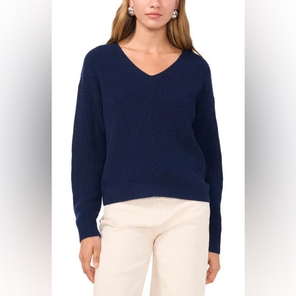 1. STATE Diagonal Rib Deep Blue V-Neck Sweater Size Large